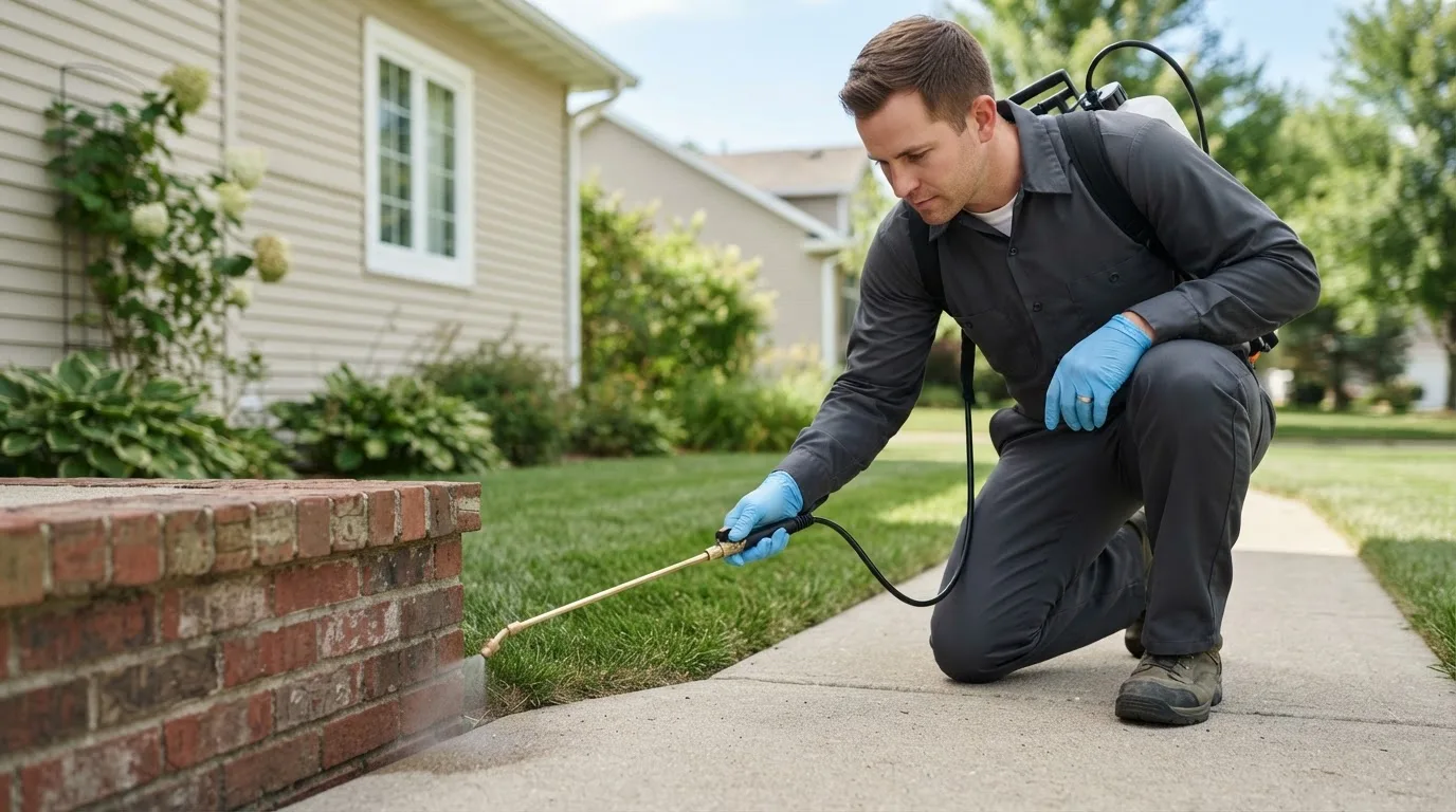 Pest control technician treating a home near Danvers, IL
