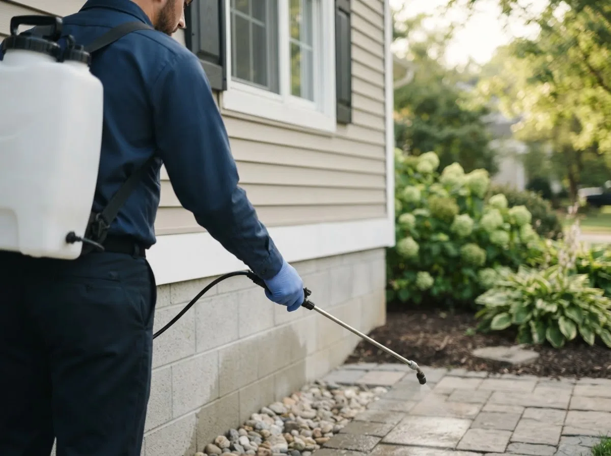 Pest control technician inspecting a home in Danvers, IL